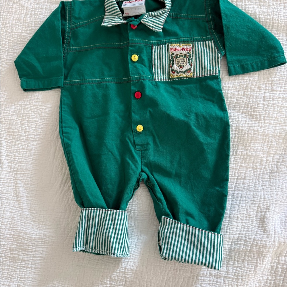 Vintage Fisher Price Green Baby Romper with Striped Accents